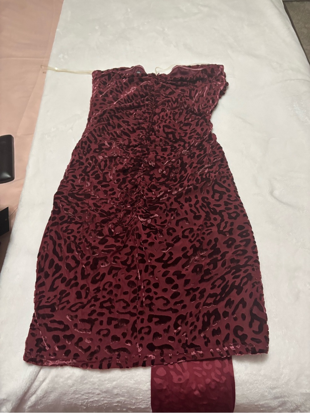Fashion Nova Strapless Burgundy Velvet Animal Print Dress
